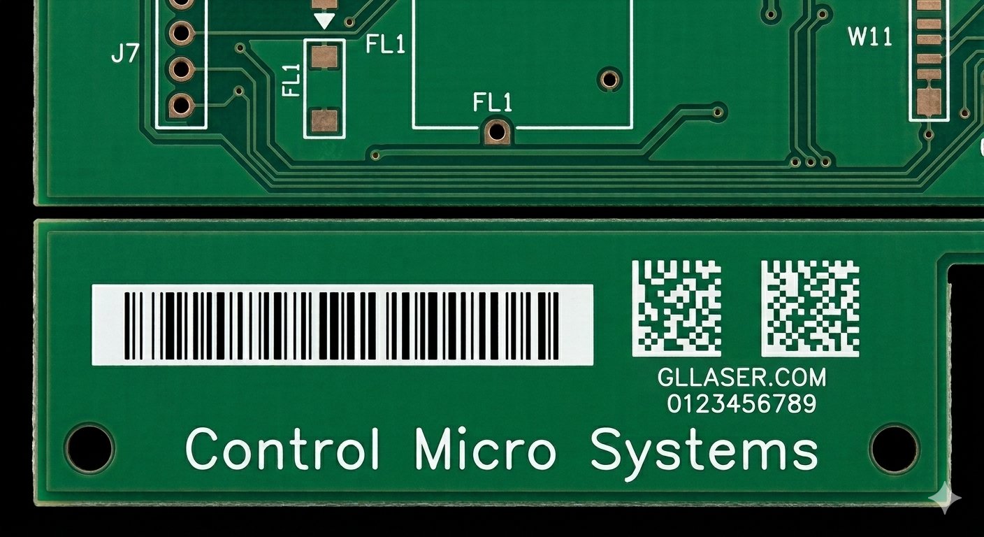 Data Matrix and QR code marking samples on PCB and components